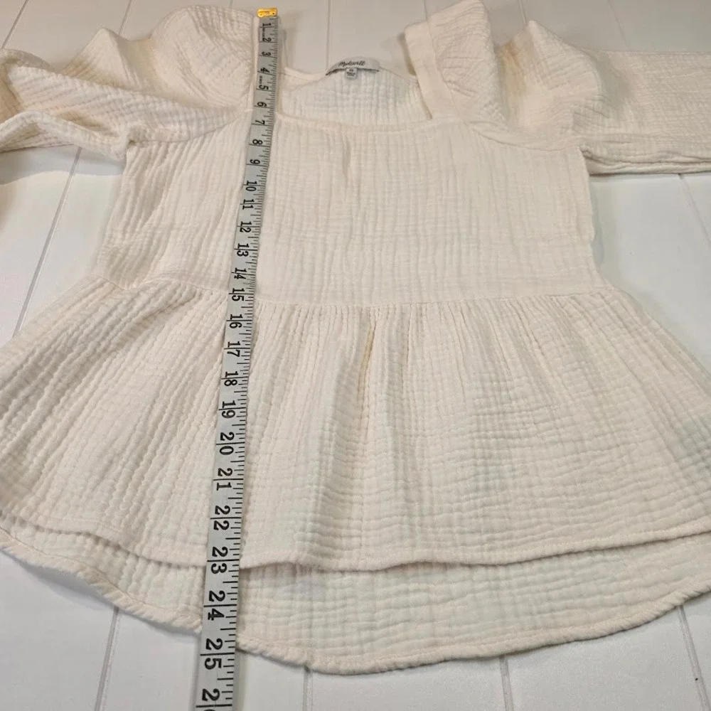 Madewell‎ XS Lightspun Millbrook Peplum Top Ivory Gauze Puff Sleeve Square Neck